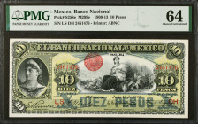 MEXICO. El Banco Nacional de Mexico. 10 Pesos, 1909-13. P-S258e. PMG Choice Uncirculated 64.
M299e.
Estimate $200.00 - $300.00
