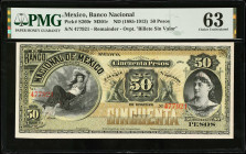 MEXICO. El Banco Nacional de Mexico. 50 Pesos, ND (1885-1913). P-S260r. Remainder. PMG Choice Uncirculated 63.
PMG comments "Previously Mounted". M30...