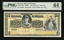 MEXICO. El Banco Nacional de Mexico. 100 Pesos, ND (1885-1911). P-S261r. Remainder. PMG Choice Uncirculated 64.
PMG comments "Previously Mounted". M3...