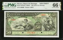 MEXICO. El Banco de Durango. 50 Pesos, ND (1913-14). P-S276As2. Specimen. PMG Gem Uncirculated 66 EPQ.
M335s.
Estimate $300.00 - $400.00