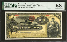 MEXICO. El Banco de Durango. 100 Pesos, 1913-14. P-S277Aa. PMG Choice About Uncirculated 58.
Printed by ABNC. Dated March 1st, 1914. PMG comments "Sp...