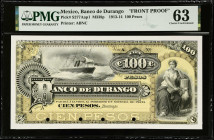 MEXICO. El Banco de Durango. 100 Pesos, 1913-14. P-S277Aap1. Front Proof. PMG Choice Uncirculated 63.
PMG comments "Paper Pulls". M338p.
Estimate $1...