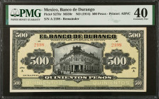 MEXICO. El Banco de Durango. 500 Pesos, ND (1914). P-S278r. Remainder. PMG Extremely Fine 40.
M339r.
Estimate $100.00 - $150.00
