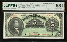 MEXICO. El Banco de Guanajuato. 5 Pesos, ND (1903-10). P-S289cs. Specimen. PMG Choice Uncirculated 63 EPQ.
M350s.
Estimate $50.00 - $100.00