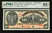MEXICO. El Banco de Guanajuato. 10 Pesos, ND (1900-14). P-S290s. Specimen. PMG Choice Uncirculated 64 EPQ.
M351s.
Estimate $100.00 - $200.00