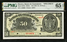 MEXICO. El Banco de Guanajuato. 50 Pesos, ND (1901-14). P-S292s. Specimen. PMG Gem Uncirculated 65 EPQ.
M353s.
Estimate $300.00 - $400.00