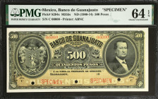 MEXICO. El Banco de Guanajuato. 500 Pesos, ND (1900-14). P-S294s. Specimen. PMG Choice Uncirculated 64 EPQ.
Printed by ABNC. One of just four example...
