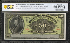 MEXICO. Banco de Guerrero. 50 Pesos, (1914). P-S301d. Remainder. PCGS Banknote Gem Uncirculated 66 PPQ.
Estimate $90.00 - $180.00