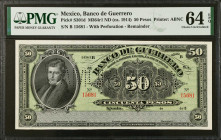 MEXICO. El Banco de Guerrero. 50 Pesos, ND (ca. 1914). P-S301d. Remainder. PMG Choice Uncirculated 64 EPQ.
With perforation. M364r1.
Estimate $50.00...