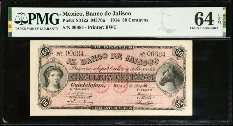 MEXICO. El Banco de Jalisco. 50 Centavos, 1914. P-S312a. PMG Choice Uncirculated...