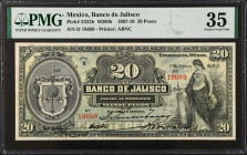 MEXICO. El Banco de Jalisco. 20 Pesos, 1907-10. P-S322b. PMG Choice Very Fine 35.
PMG comments "Stains". M388b.
Estimate $100.00 - $150.00