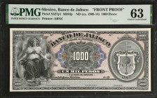 MEXICO. El Banco de Jalisco. 1000 Pesos, ND (ca. 1909-14). P-S327p1. Front Proof. PMG Choice Uncirculated 63.
Printed by ABNC. One of just two exampl...