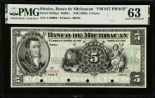 MEXICO. El Banco de Michoacan. 5 Pesos, ND (1903). P-S338p1. Front Proof. PMG Choice Uncirculated 63.
M407s.
Estimate $500.00 - $700.00