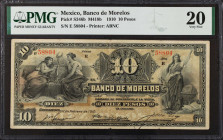 MEXICO. El Banco de Morelos. 10 Pesos, 1910. P-S346b. PMG Very Fine 20.
PMG comments "Paper Blisters". M418b.
Estimate $70.00 - $100.00