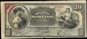 MEXICO. El Banco de Morelos. 20 Pesos, 1910. P-S347b. Fine.
Edge splits, tears.
Estimate $100.00 - $200.00