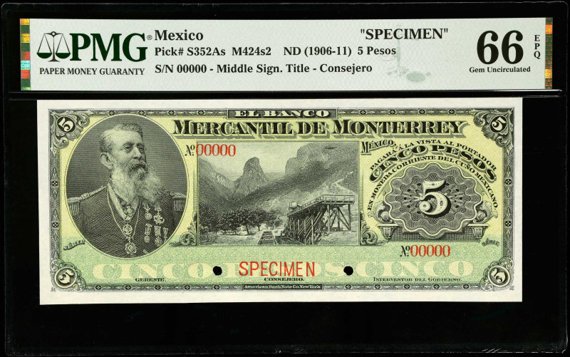 MEXICO. El Banco Mercantil de Monterrey. 5 Pesos, ND (1906-11). P-S352As. Specim...