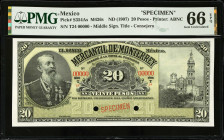 MEXICO. El Banco Mercantil de Monterrey. 20 Pesos, ND (1907). P-S354As. Specimen. PMG Gem Uncirculated 66 EPQ.
M426s.
Estimate $350.00 - $500.00