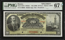 MEXICO. El Banco Mercantil de Monterrey. 20 Pesos, ND (1900). P-S354s. Specimen. PMG Superb Gem Uncirculated 67 EPQ.
M426s1. Printed by ABNC. Plata. ...