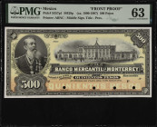 MEXICO. El Banco Mercantil de Monterrey. 500 Pesos, ND (ca. 1900-07). P-S357p1. Front Proof. PMG Choice Uncirculated 63.
M429p. Middle signature titl...