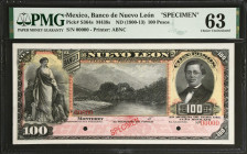 MEXICO. El Banco de Nuevo Leon. 100 Pesos, ND (1900-13). P-S364s. Specimen. PMG Choice Uncirculated 63.
Printed by ABNC. PMG comments "Closed Pinhole...