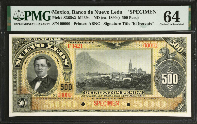 MEXICO. El Banco de Nuevo Leon. 500 Pesos, ND (1890's). P-S365s2. Specimen. PMG ...