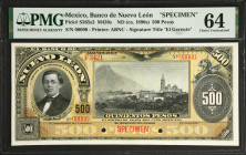 MEXICO. El Banco de Nuevo Leon. 500 Pesos, ND (1890's). P-S365s2. Specimen. PMG Choice Uncirculated 64.
Printed by ABNC. Signature title "El Gerente....