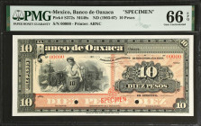 MEXICO. El Banco de Oaxaca. 10 Pesos, ND (1903-07). P-S372s. Specimen. PMG Gem Uncirculated 66 EPQ.
Printed by ABNC. PMG Pop 1/1 Finer. M448s.
Estim...