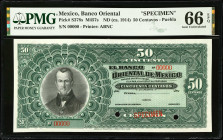MEXICO. El Banco Oriental de Mexico. 50 Centavos, ND (ca. 1914). P-S378s. Specimen. PMG Gem Uncirculated 66 EPQ.
M457s.
Estimate $600.00 - $800.00