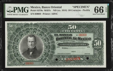 MEXICO. El Banco Oriental de Mexico. 50 Centavos, ND (ca. 1914). P-S378s. Specimen. PMG Gem Uncirculated 66 EPQ.
M457s. Puebla. Printed by ABNC. The ...