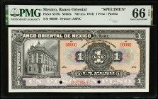 MEXICO. El Banco Oriental de Mexico. 1 Peso, ND (ca. 1914). P-S379s. Specimen. PMG Gem Uncirculated 66 EPQ.
M458s.
Estimate $700.00 - $1000.00