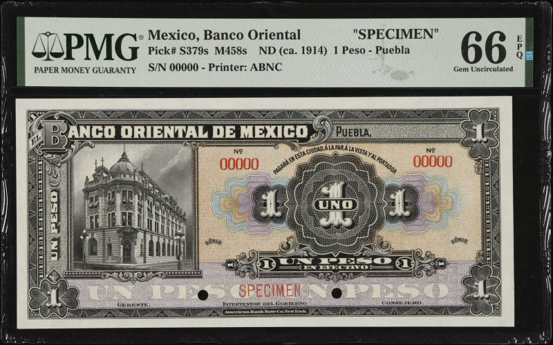 MEXICO. El Banco Oriental de Mexico. 1 Peso, ND (ca 1914). P-S379s. Specimen. PM...