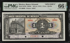 MEXICO. El Banco Oriental de Mexico. 1 Peso, ND (ca 1914). P-S379s. Specimen. PMG Gem Uncirculated 66 EPQ.
M458s. Puebla. Printed by ABNC. The charte...