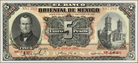 MEXICO. El Banco Oriental de Mexico. 5 Pesos, 1914. P-S381c. About Uncirculated.
Estimate $75.00 - $150.00