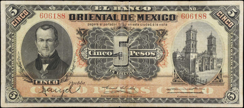 MEXICO. El Banco Oriental de Mexico. 5 Pesos, 1900-14. P-S381d. Fine.
Tape repa...