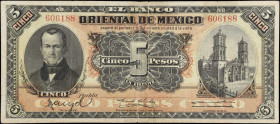 MEXICO. El Banco Oriental de Mexico. 5 Pesos, 1900-14. P-S381d. Fine.
Tape repairs.
Estimate $75.00 - $150.00