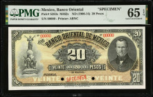 MEXICO. El Banco Oriental de Mexico. 20 Pesos, ND (1900-14). P-S383s. Specimen. PMG Gem Uncirculated 65 EPQ.
M462s.
Estimate $100.00 - $150.00