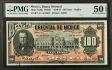 MEXICO. El Banco Oriental de Mexico. 100 Pesos, 1910-14. P-S385c. PMG About Uncirculated 50 EPQ.
M464c.
Estimate $100.00 - $150.00