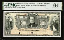 MEXICO. El Banco Oriental de Mexico. 1000 Pesos, ND (1901-14). P-S387p1. Front Proof. PMG Choice Uncirculated 64.
M466p.
Estimate $300.00 - $500.00