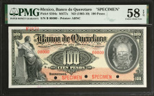 MEXICO. El Banco de Queretaro. 100 Pesos, ND (1903-10). P-S394s. Specimen. PMG Choice About Uncirculated 58 EPQ.
Printed by ABNC. Red specimen overpr...
