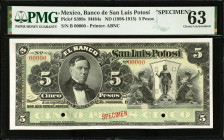 MEXICO. El Banco de San Luis Potosi. 5 Pesos, ND (1898-1913). P-S399s. Specimen. PMG Choice Uncirculated 63.
M484s.
Estimate $50.00 - $100.00