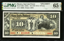 MEXICO. El Banco de San Luis Potosi. 10 Pesos, ND (1897-1913). P-S400s. Specimen. PMG Gem Uncirculated 65 EPQ.
M485s.
Estimate $150.00 - $200.00
