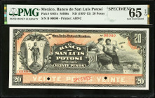 MEXICO. El Banco de San Luis Potosi. 20 Pesos, ND (1897-1913). P-S401s. Specimen. PMG Gem Uncirculated 65 EPQ.
M486s.
Estimate $200.00 - $300.00