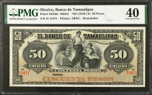 MEXICO. El Banco de Tamaulipas. 50 Pesos, ND (1910-14). P-S432dr. Remainder. PMG Extremely Fine 40.
M523r.
Estimate $100.00 - $150.00
