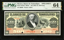 MEXICO. El Banco de Tamaulipas. 500 Pesos, ND (1902-14). P-S434s3. Specimen. PMG Choice Uncirculated 64.
M525s.
Estimate $700.00 - $1000.00