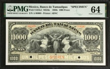 MEXICO. El Banco de Tamaulipas. 1000 Pesos, 1900s. P-S435s1. Specimen. PMG Choice Uncirculated 64.
Printed by ABNC. PMG Pop 1/No Others Graded. PMG c...