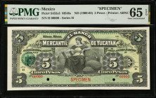 MEXICO. El Banco Mercantil de Yucatan. 5 Pesos, ND (1900-03). P-S453s3. Specimen. PMG Gem Uncirculated 65 EPQ.
M548s.
Estimate $600.00 - $900.00