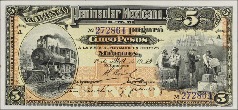 MEXICO. El Banco Peninsular Mexicano. 5 Pesos, 1914. P-S465a. About Uncirculated...