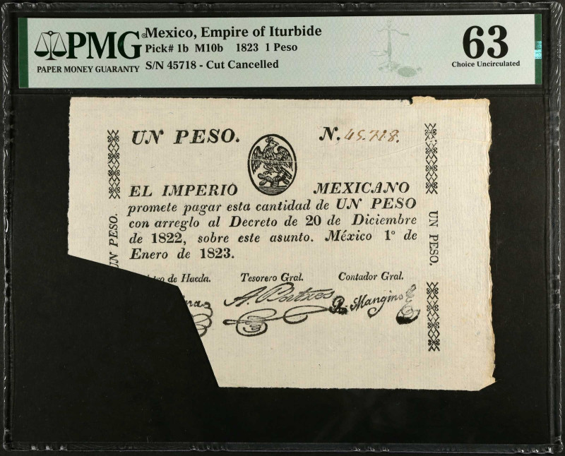 MEXICO. Empire of Iturbide. 1 Peso, 1823. P-1b. PMG Choice Uncirculated 63.
Est...