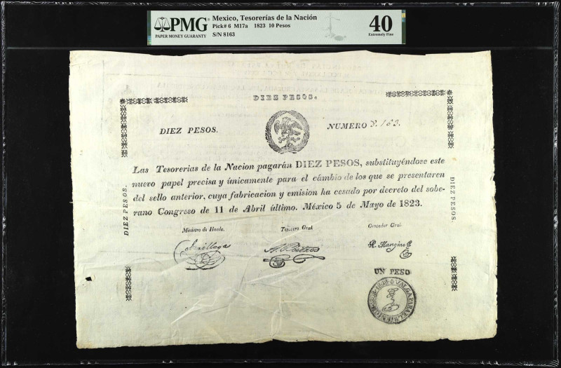 MEXICO. Las Tesorerias de la Nacion. 10 Pesos, 1823. P-6. PMG Extremely Fine 40....