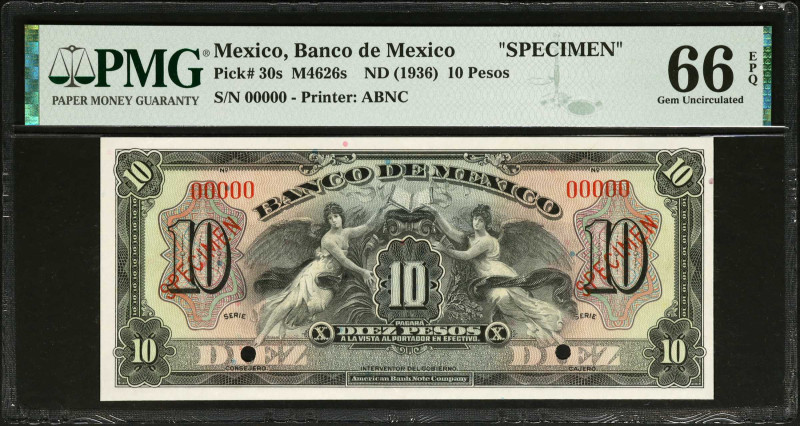 MEXICO. El Banco de Mexico. 10 Pesos, ND (1936). P-30s. Specimen. PMG Gem Uncirc...